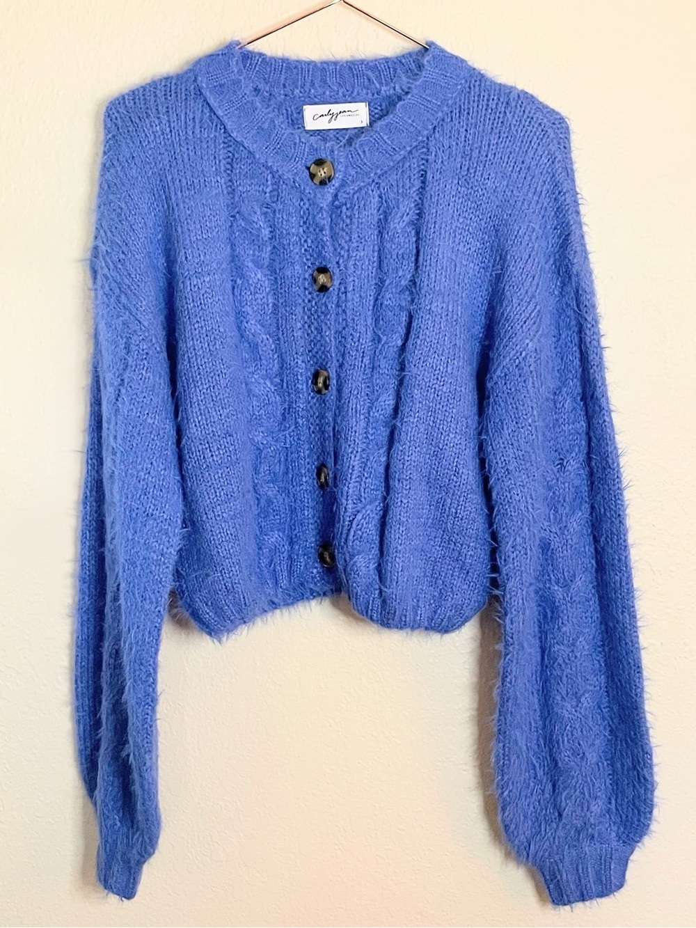 Carly Jean Elliott Sweater Blue Fuzzy Cable Knit Cardigan Small